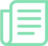 Teal icon of a newspaper with horizontal lines representing text and a folded corner on the left.