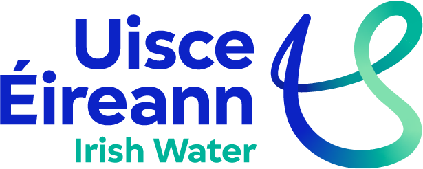 Uisce Éireann Irish Water logo with blue and green text, and a blue-green gradient water loop.