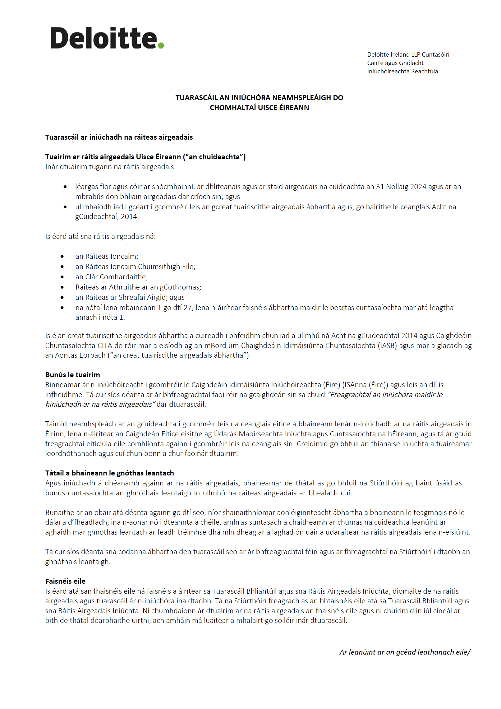 Clúdach Thuarascáil Iniúchta Deloitte.