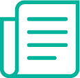 Teal icon of a newspaper with horizontal lines representing text and a folded corner on the left.