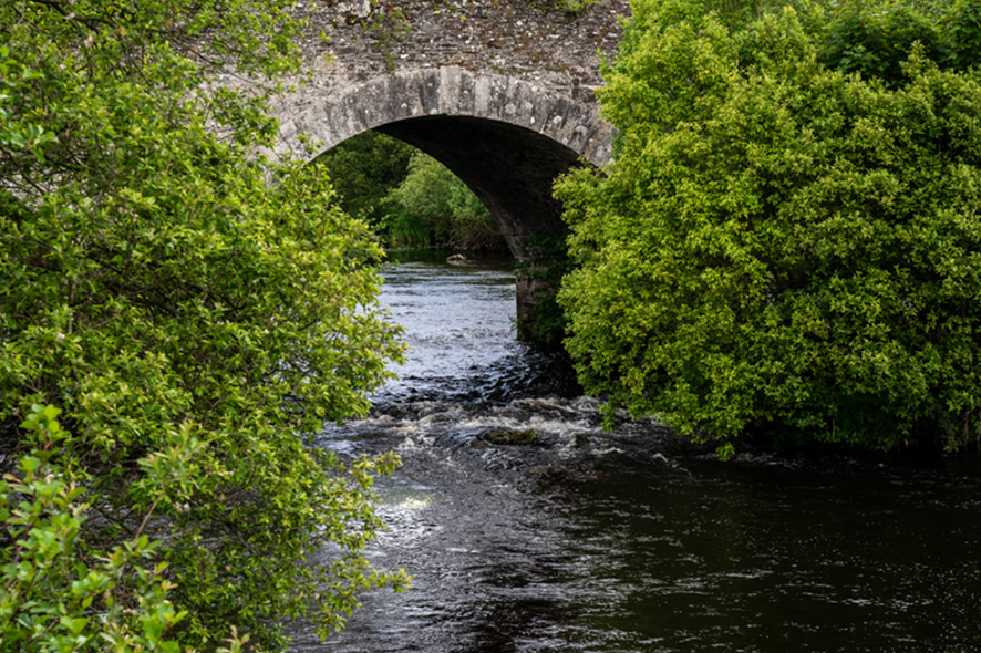 A river flowing under a stone bridge with greenery and trees around it