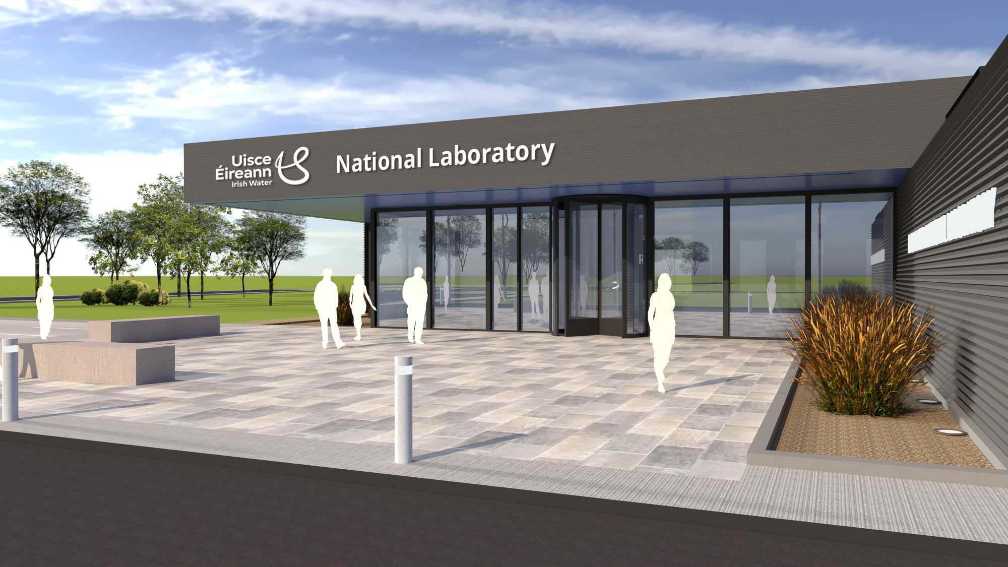 Mock up of the National Laboratory in Limerick with UÉ new logo on the front of the building