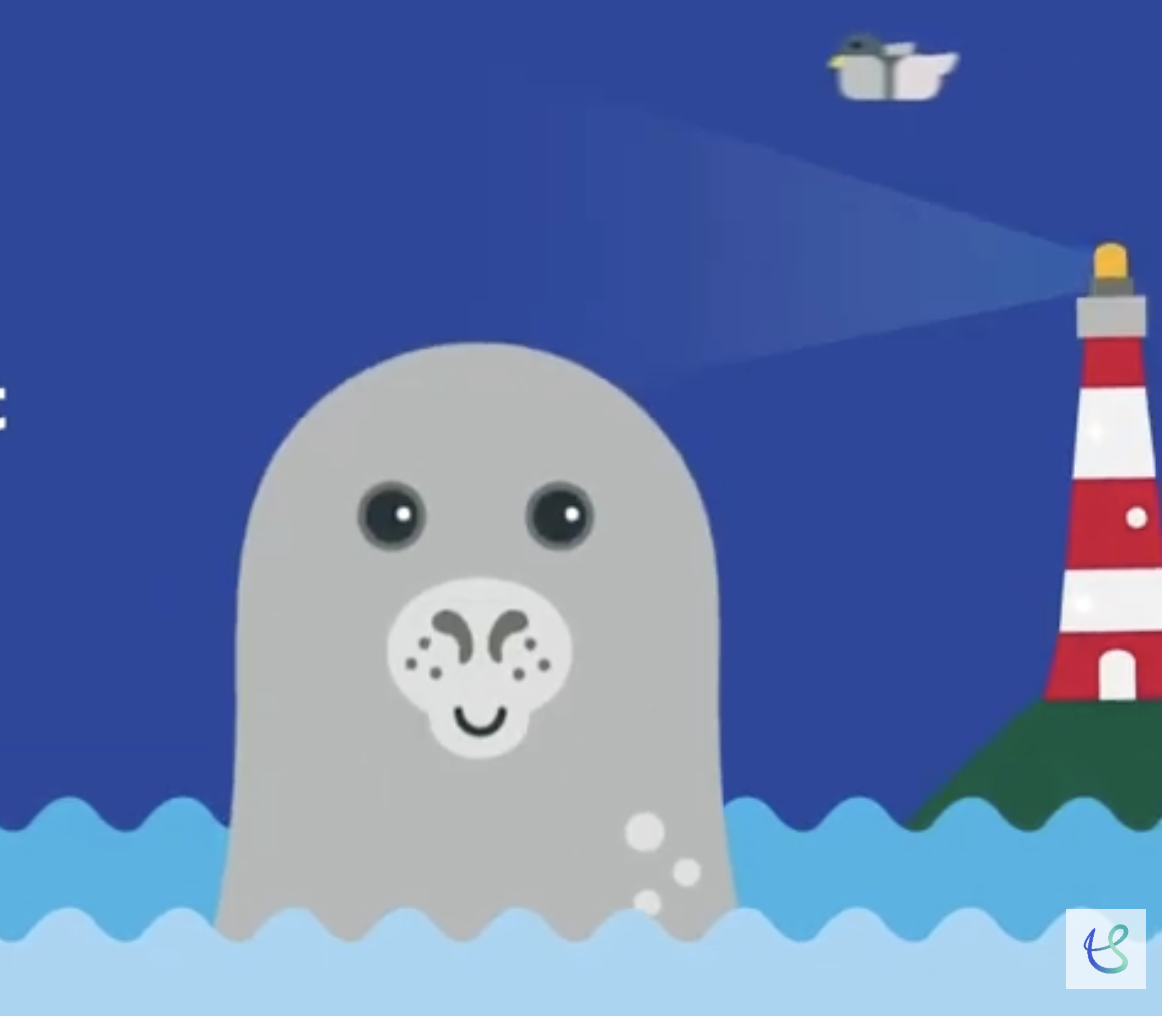 An animated seal in the ocean with a red and white lighthouse in the background