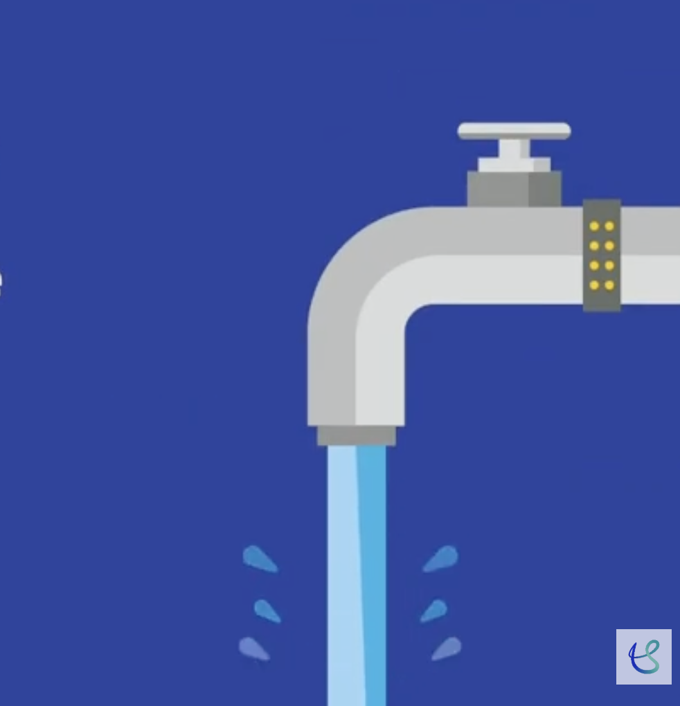 An animated tap with water pouring out of it