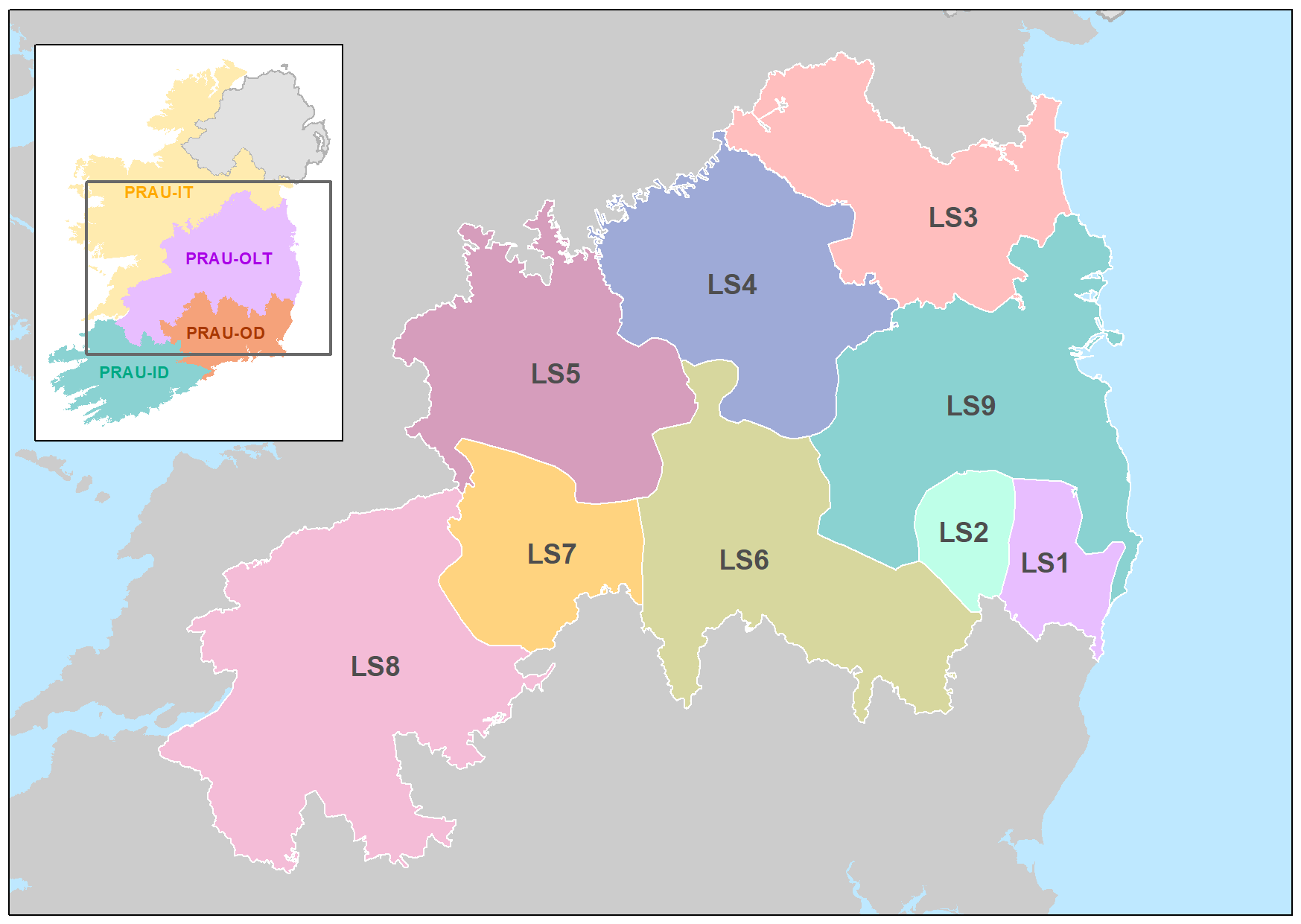 Map of Ireland with marked areas for Study areas