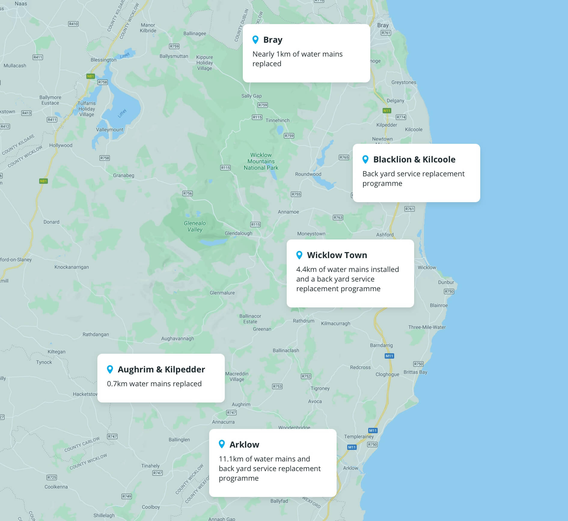A map of Wicklow highlighting Bray, Blacklion & Kilcoole, Wicklow town, Aughrim & Kilpedder and Arklow