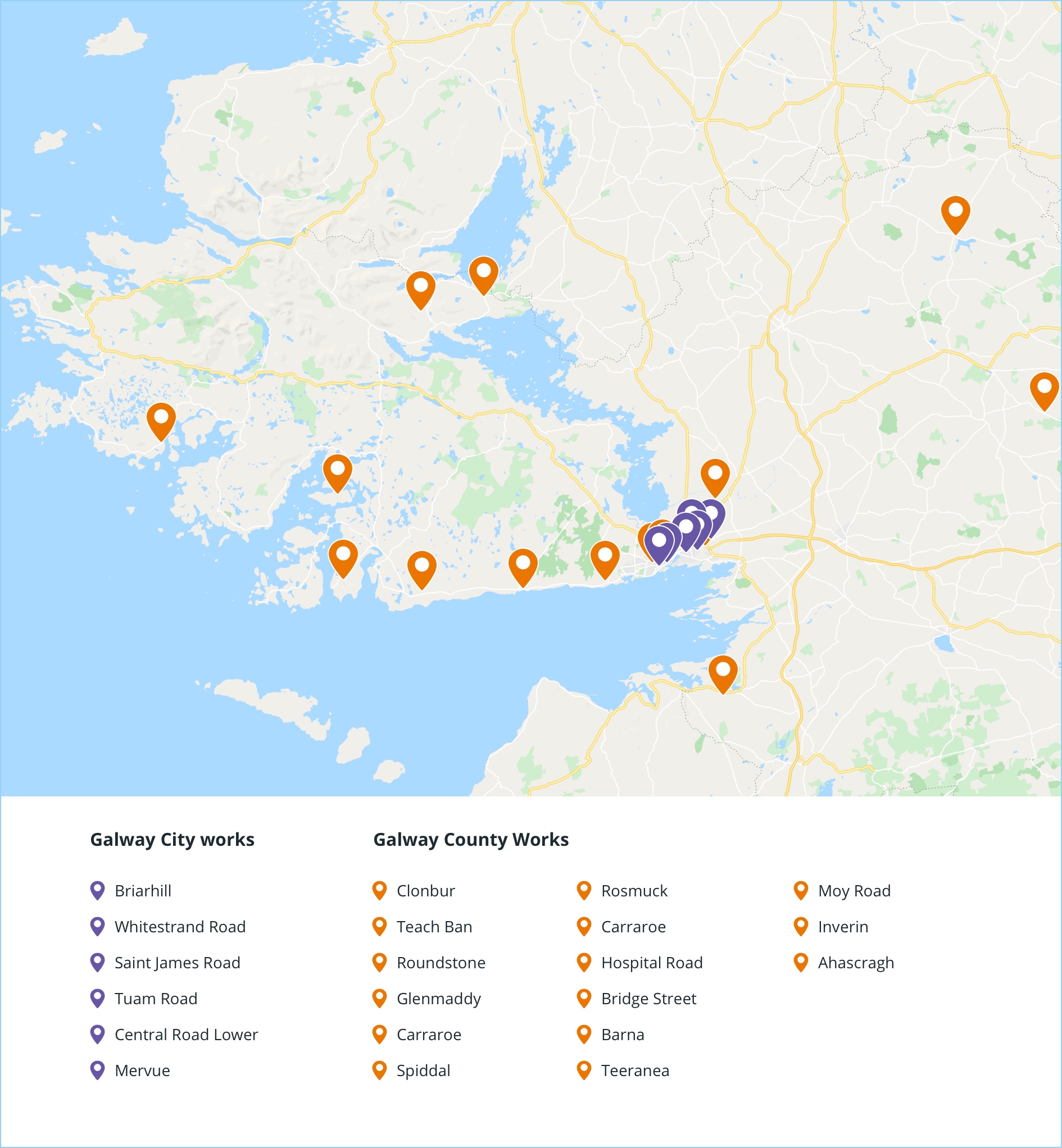 Map of Galway with pins for all the works that are happening