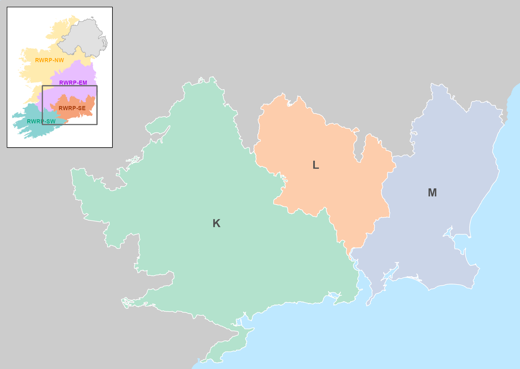 Close up of the map of Ireland zooming into Waterford, Wexford and Kilkenny labelled in K L and M