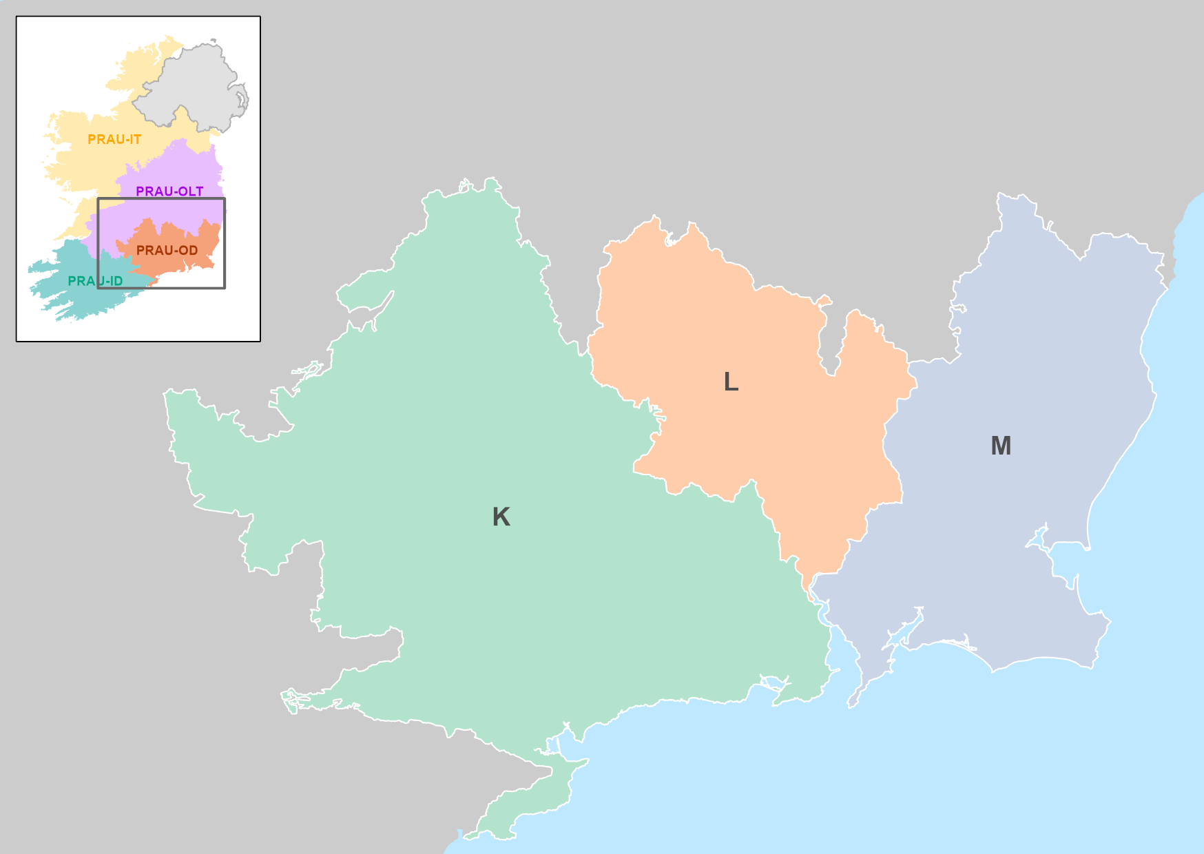 Close up of a map of Ireland zoomed in to Waterford, Kilkenny and Wexford