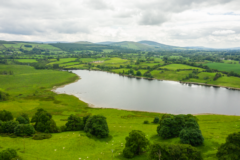 A lake surrounded by green fields