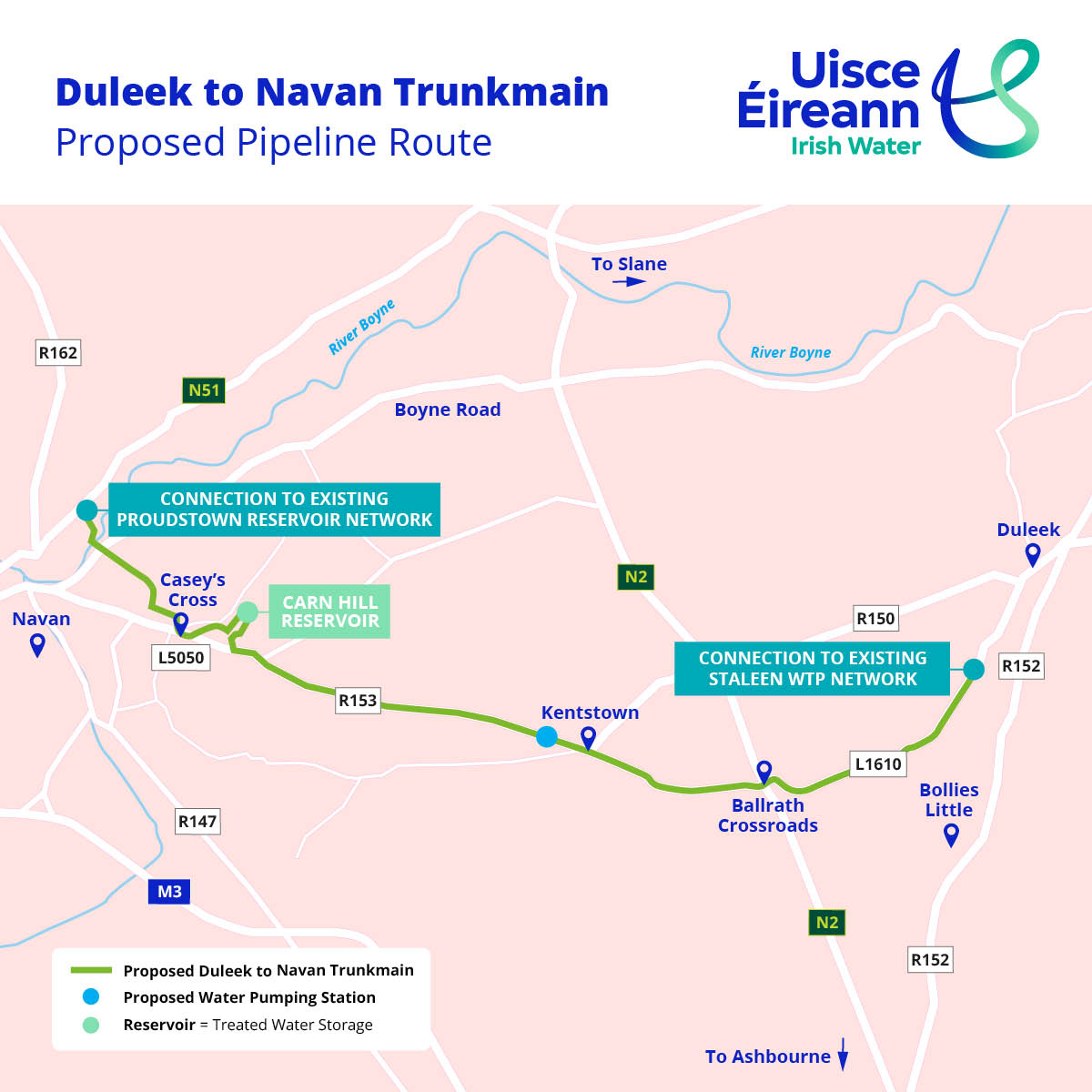 Proposed pipeline route for Duleek to Navan Trunkmain as a diagram map
