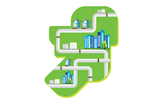 Map of Ireland with buildings and pipes as a graphic