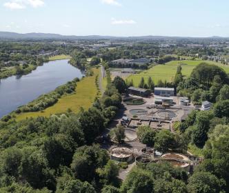 Aerial view of Ballina Wastewater Treatment Plant Co Mayo and River Moy