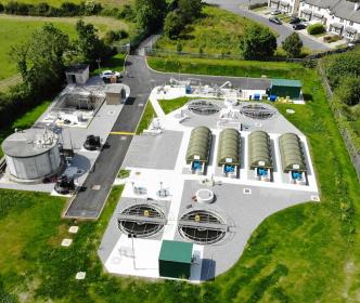 An aerial view of a wastewater treatment plant